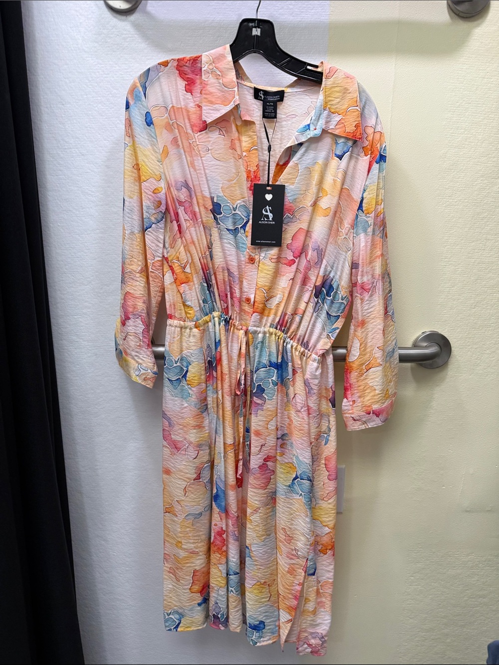 Watercolor Floral Long-Sleeve Shirtdress with Drawstring Waist - Multicolor
